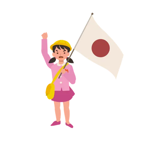 Jovem garota em uniforme de jardim de infância acenando bandeira japonesa  Ilustração