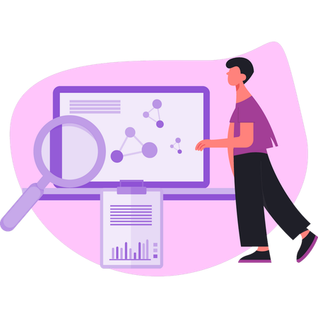 Jovem analisa dados de SEO e seleciona palavras-chave  Illustration