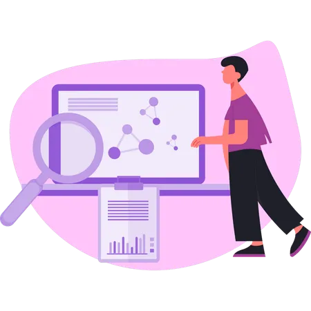 Jovem analisa dados de SEO e seleciona palavras-chave  Illustration