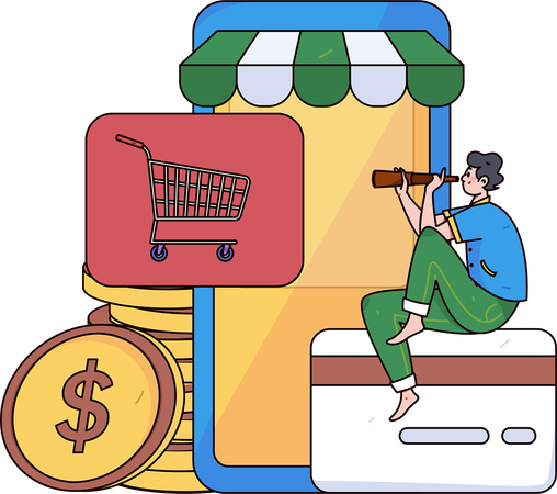 Menino encontra visão de compras  Ilustração