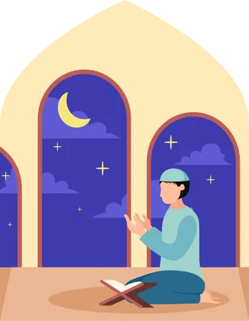 Jovem garoto islâmico fazendo o Ramadã rezando  Ilustração