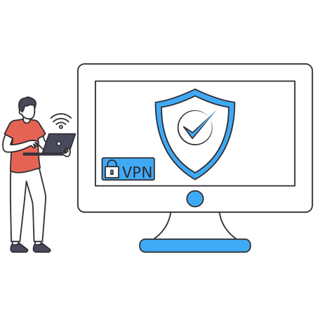 Garoto verificando o acesso VPN  Ilustração