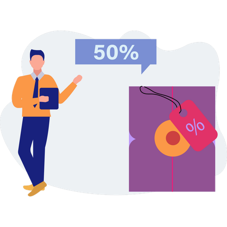 Jovem mostrando 50% de desconto  Ilustração