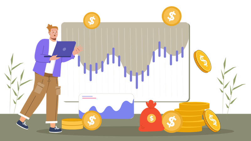 Jovem mostrando análise do mercado de ações  Ilustração