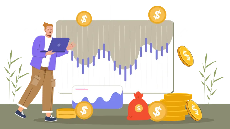 Jovem mostrando análise do mercado de ações  Ilustração