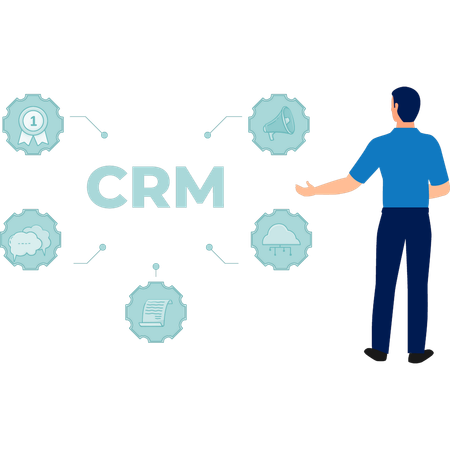 Jovem mostrando rede de CRM  Ilustração