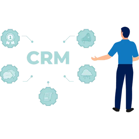 Jovem mostrando rede de CRM  Ilustração