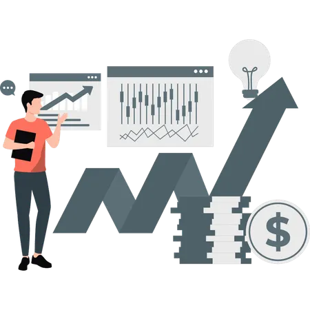 Jovem mostrando gráfico de alta do mercado de ações  Ilustração