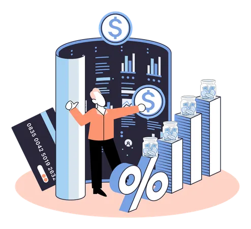 Jovem mostrando lucro de investimento com juros  Ilustração