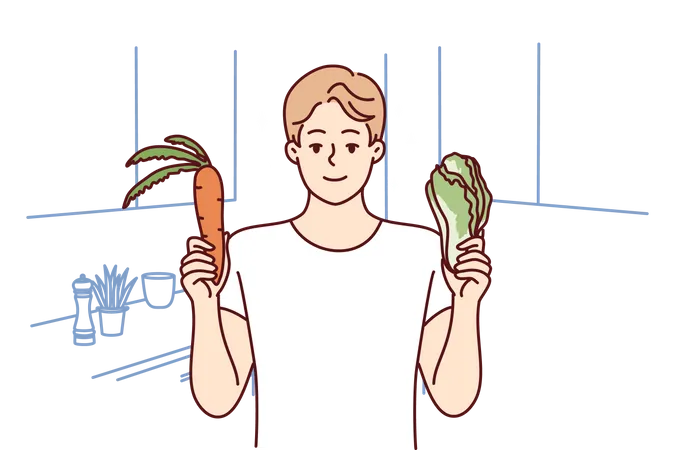 Jovem mostrando vegetais  Ilustração