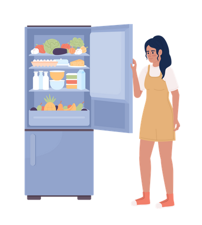 Mulher jovem abrindo a porta da geladeira  Ilustração