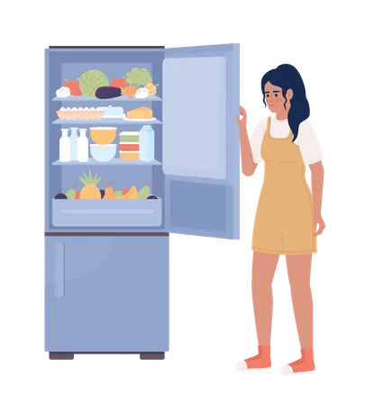 Mulher jovem abrindo a porta da geladeira  Ilustração