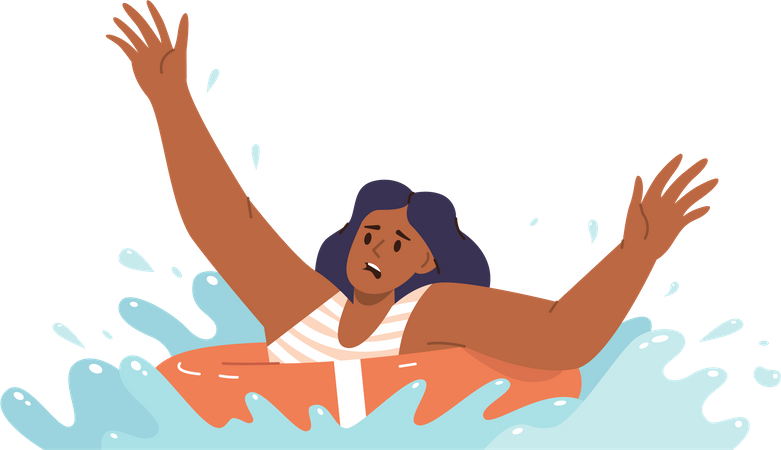 Jovem assustada afundando nadando com anel de borracha na água gritando pedindo ajuda  Ilustração