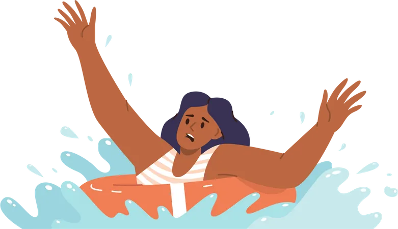 Jovem assustada afundando nadando com anel de borracha na água gritando pedindo ajuda  Ilustração