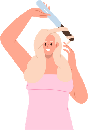 Penteado de mulher jovem, torcendo o cabelo usando modelador de cabelo  Ilustração