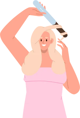 Penteado de mulher jovem, torcendo o cabelo usando modelador de cabelo  Ilustração