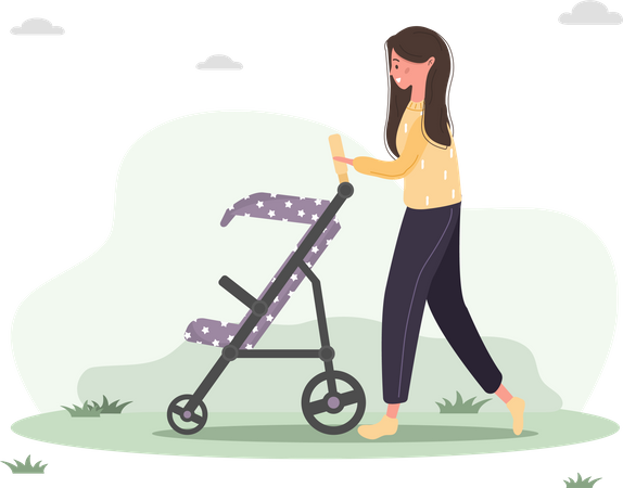 Jovem andando com seu filho recém-nascido no carrinho de bebê  Ilustração