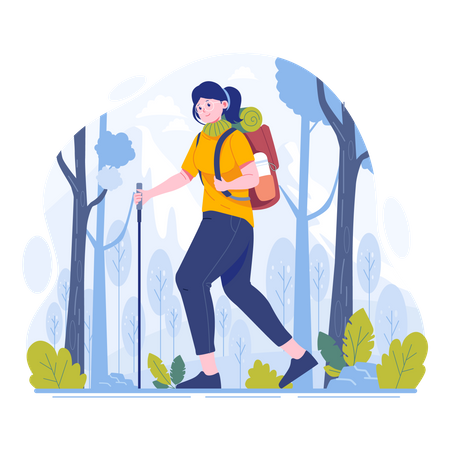 Mulher jovem caminhando em uma montanha  Ilustração