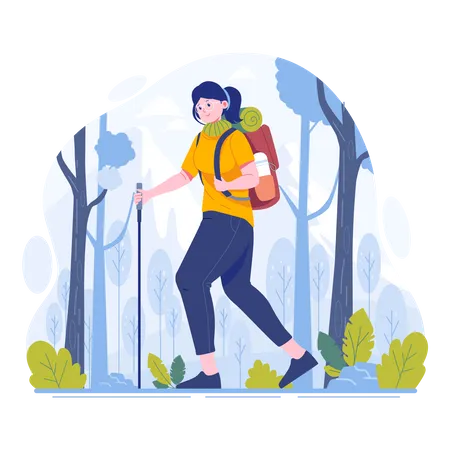 Mulher jovem caminhando em uma montanha  Ilustração