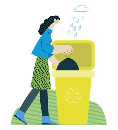 Ecologia Classificacao De Residuos Ilustracao Moderna Do Conceito Vetorial Plano De Uma Jovem Colocando Um Saco De Lixo No Recipiente De Lixo Para Residuos Plasticos Modelo De Pagina Da Web De Destino Criativo Ilustração