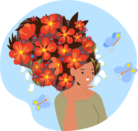 Jovem mulher com cabelo decorado com flores boêmias  Illustration