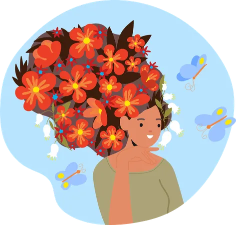 Jovem mulher com cabelo decorado com flores boêmias  Illustration