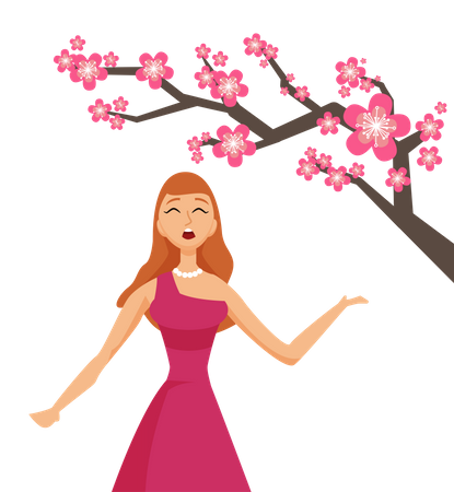 Mulher jovem com flores de cereja sakura  Ilustração