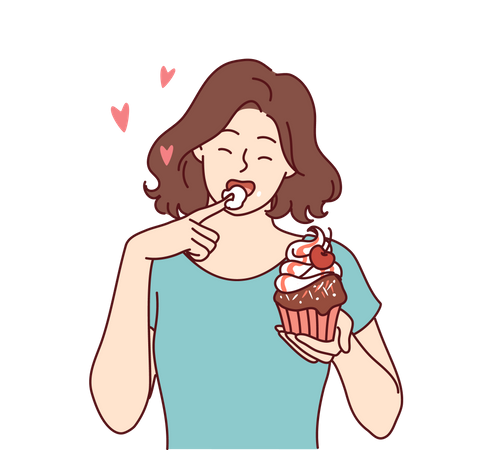 Mulher jovem comendo cupcake  Ilustração