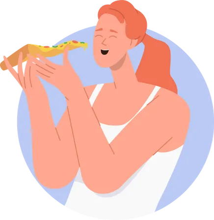 Jovem comendo uma deliciosa fatia de pizza fast food italiano com prazer  Ilustração