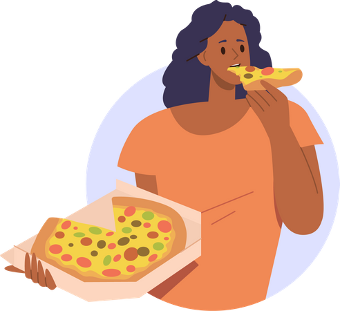 Mulher jovem comendo pizza deliciosa  Ilustração