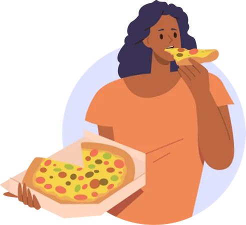 Mulher jovem comendo pizza deliciosa  Ilustração