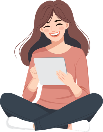 Jovem mulher gosta de assistir filmes ou dramas no tablet  Ilustração