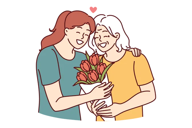 Jovem dando buquê de flores para sua mãe sênior  Ilustração