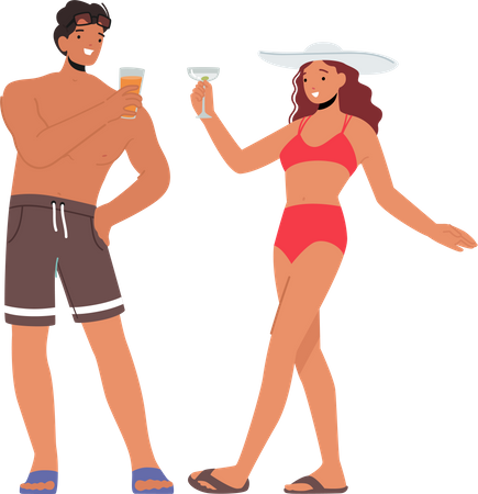 Jovem mulher e homem bebendo coquetéis em festa na praia  Ilustração