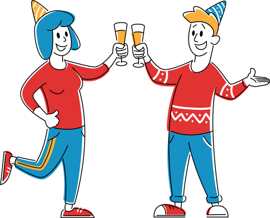 Mulher jovem e homem com chapéus de festa tilintando copos com bebida alcoólica se divertem na festa discoteca em boate  Ilustração