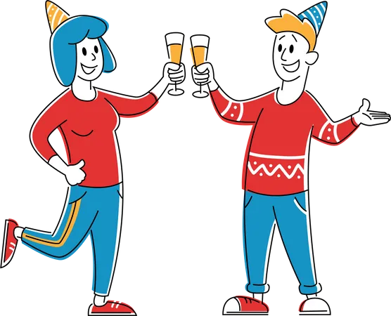Mulher jovem e homem com chapéus de festa tilintando copos com bebida alcoólica se divertem na festa discoteca em boate  Ilustração