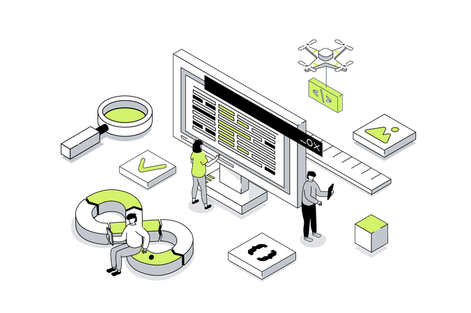 Jovem e homem trabalhando em DevOps  Ilustração