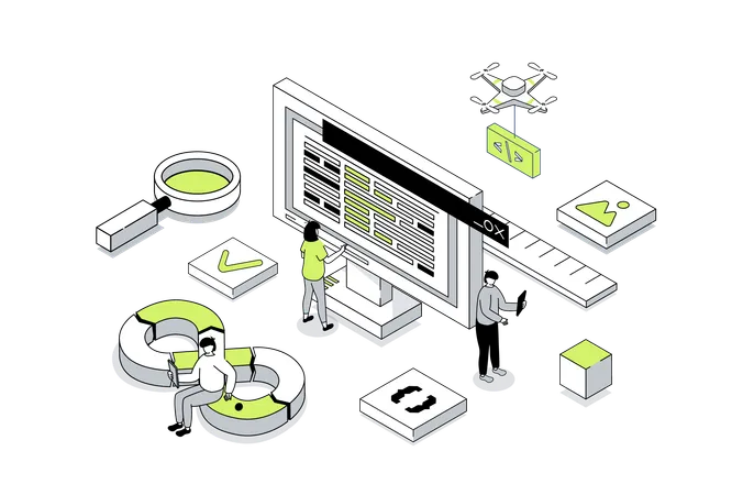 Jovem e homem trabalhando em DevOps  Ilustração