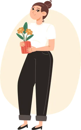 Mulher jovem em pé com vaso de flores na mão  Ilustração