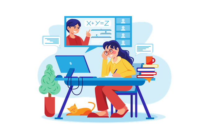 Jovem estudando on-line  Ilustração