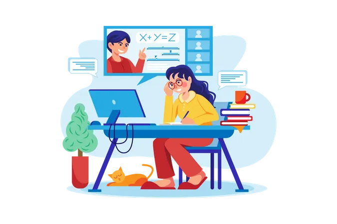 Jovem estudando on-line  Ilustração