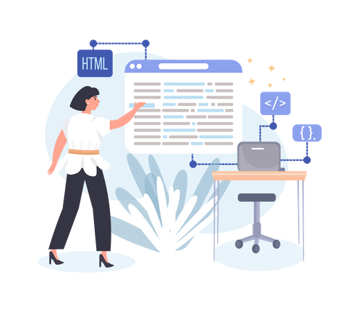 Jovem fazendo codificação HTML  Ilustração