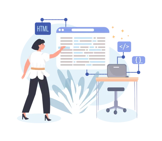 Jovem fazendo codificação HTML  Ilustração