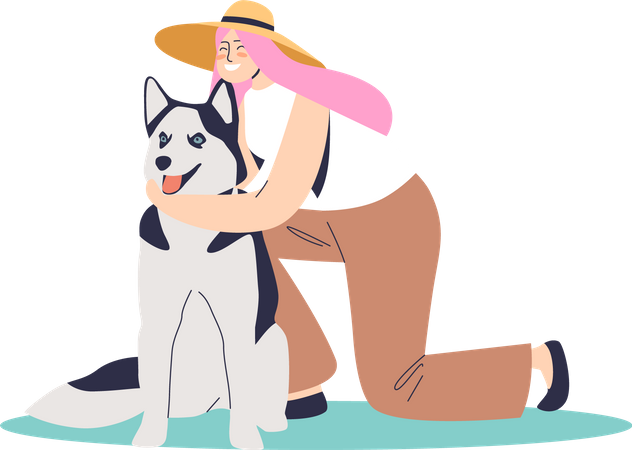 Jovem mulher feliz abraçando cachorro grande  Ilustração