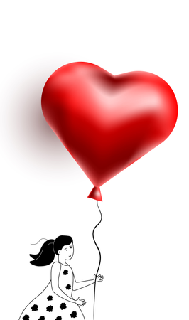 Jovem mulher feliz andando com balão em forma de coração  Ilustração
