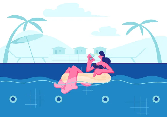 Jovem mulher feliz relaxando na piscina  Ilustração