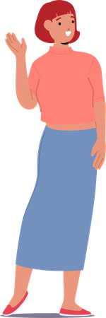 Jovem mulher gesticulando saudação sinal de mão acenando com o braço com sorriso amigável no rosto  Ilustração