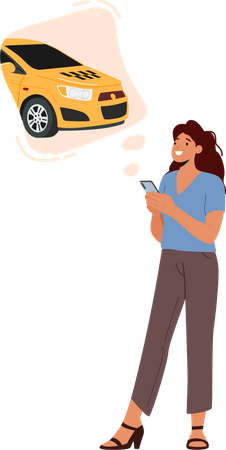 Jovem ligando ou usando aplicativo para pedir táxi isolado em fundo branco. Carro de pedido de personagem de cliente feminino  Ilustração