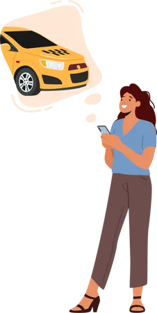 Jovem ligando ou usando aplicativo para pedir táxi isolado em fundo branco. Carro de pedido de personagem de cliente feminino  Ilustração
