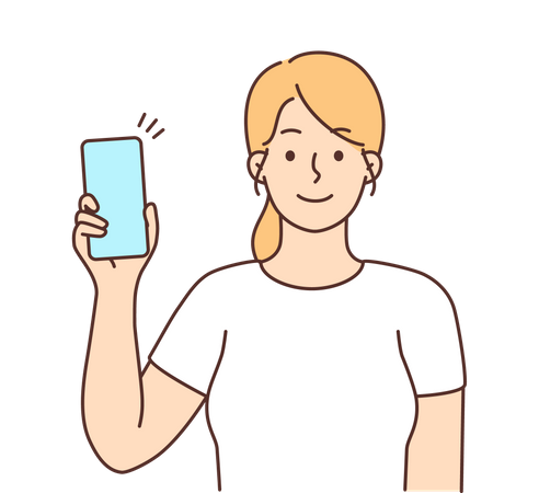 Mulher jovem mostrando celular  Ilustração